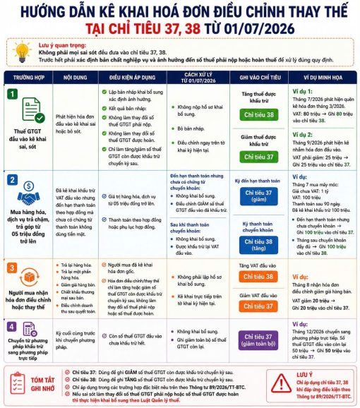 HƯỚNG DẪN KÊ KHAI HOÁ ĐƠN ĐIỀU CHỈNH THAY THẾ TẠI CHỈ TIÊU 37, 38 TỪ 01/07/2026