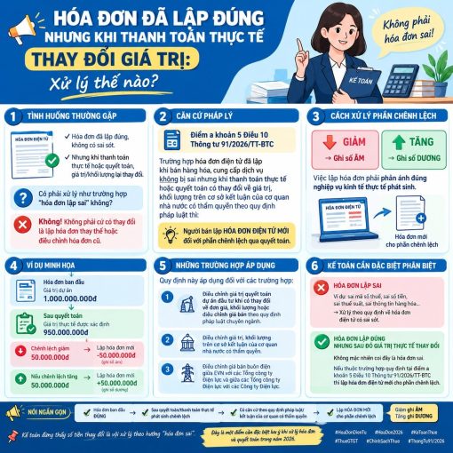 HÓA ĐƠN ĐÃ LẬP ĐÚNG NHƯNG KHI THANH TOÁN THỰC TẾ LẠI THAY ĐỔI GIÁ TRỊ: KẾ TOÁN XỬ LÝ THẾ NÀO?